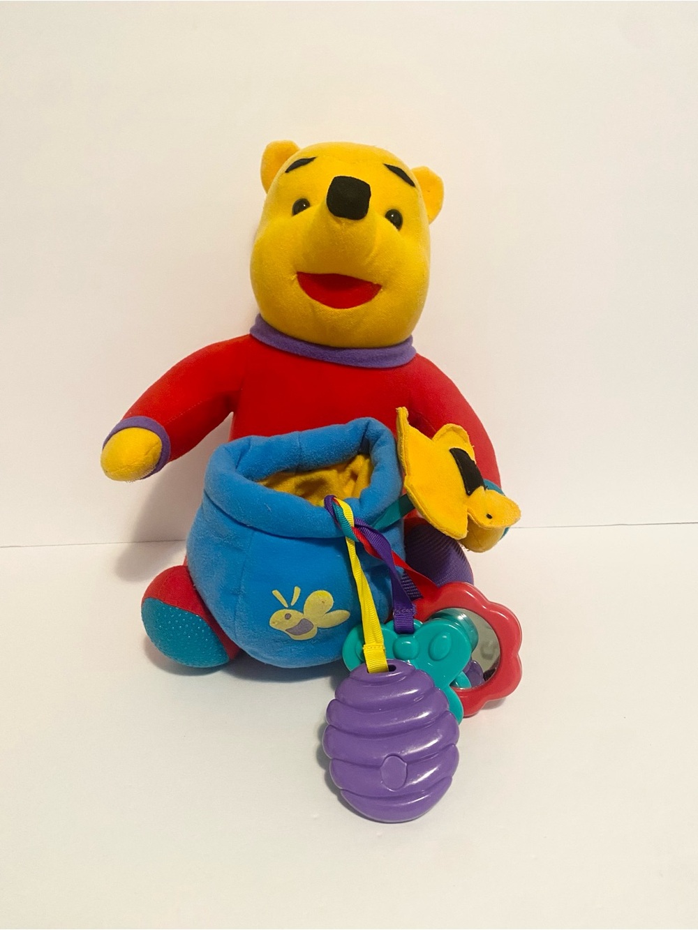 Winnie the Pooh Plush Soft Baby Sensory Toy Holding Honey Pot Vintage 1996 90s